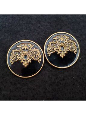 Vintage MFA Earrings Museum Fine Arts Gold Tone Black Enamel 1"
